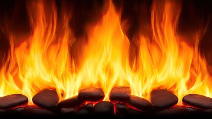 Poster - Fire abstract background concept. A mesmerizing blaze of flames dancing over glowing rocks in a warm ambiance.