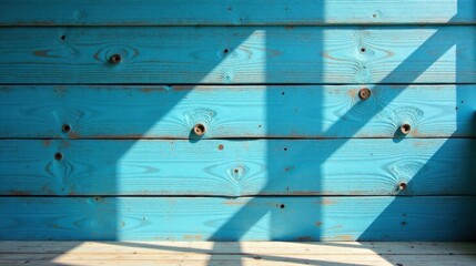 Poster - Sunlit Aqua Blue Wooden Planks with Shadow Patterns and Light Wood Floor
