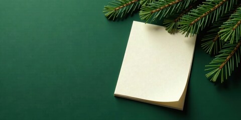 Poster - Blank Note Pad with Evergreen Branch on Dark Green Surface