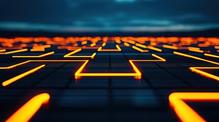 Poster - Floor abstract background concept. Futuristic grid with glowing lines, creating a digital landscape in low light.
