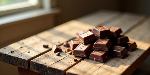 Poster - Sunlit Rustic Wooden Table with a Pile of Delicious Chocolate Pieces