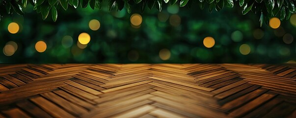 Poster - Floor abstract background concept. Elegant wooden table with soft bokeh background lights for warm ambiance.