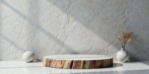 Poster - Elegant Wooden and Marble Display Platform with Dried Floral Arrangement