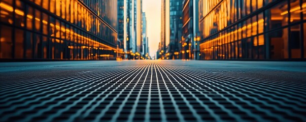 Poster - Floor abstract background concept. Urban perspective view of skyscrapers and grid pavement at sunset.