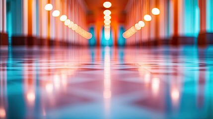 Poster - Floor abstract background concept. Vibrant interior hallway with colorful lights reflecting on polished floor.