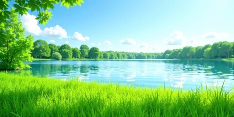 Poster - Serene Lakeside Vista Lush Green Grass, Tranquil Water, and a Sunny Sky