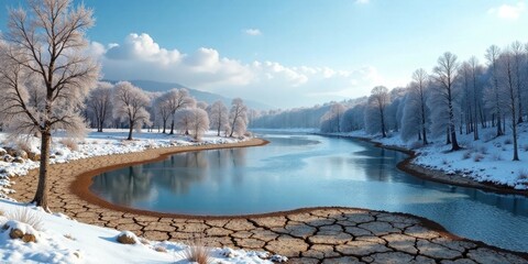 Aufkleber - Serene Winter Landscape Featuring a Frozen River and Cracked Earth