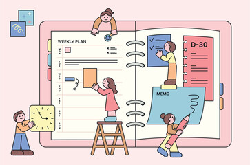 Poster - Cute people are spreading out giant diaries and making plans. They are sticking notes and managing their to-dos. outline character vector illustration.