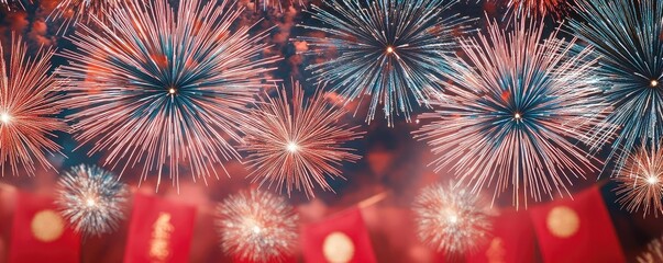 Poster - Chinese new year fireworks concept. Vibrant fireworks display lighting up the night sky during a festive celebration.
