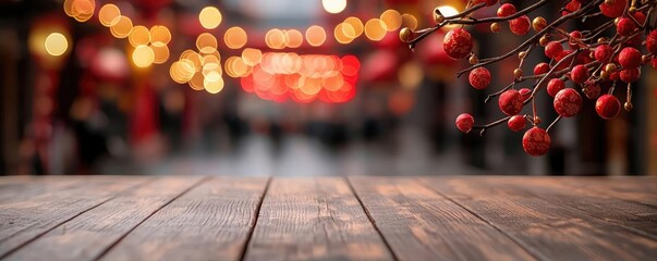 Poster - Chinese new year festival idea. A close-up view of a rustic wooden table with vibrant red berries and festive lights.