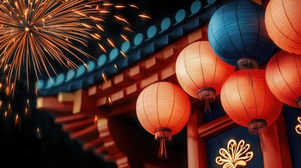 Aufkleber - Chinese new year lighting idea. Vibrant lanterns and fireworks celebrating a festive cultural event at night.