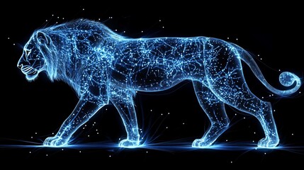 Wall Mural - Digital lion, walking, dark background, energy, design