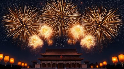 Aufkleber - Chinese new year fireworks concept. A stunning display of fireworks illuminating the night sky over a historic building.