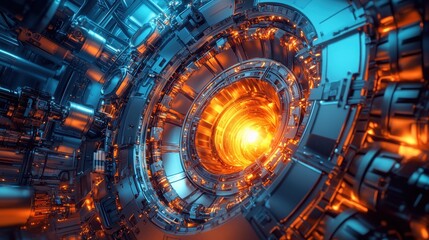 Poster - Illuminating fusion reactor concept showcased in high-tech los angeles digital artwork futuristic environment close-up viewpoint