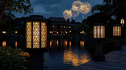 Aufkleber - Chinese new year lighting idea. Peaceful night scene by the water with lanterns and fireworks illuminating the sky.