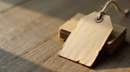 Poster - Rustic Kraft Paper Tag on Stack of Cards on Wooden Surface