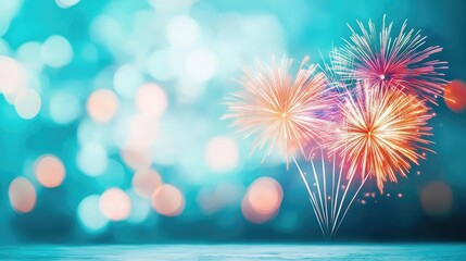 Aufkleber - Chinese new year fireworks concept. Colorful fireworks burst against a dreamy blue background, creating a festive atmosphere.