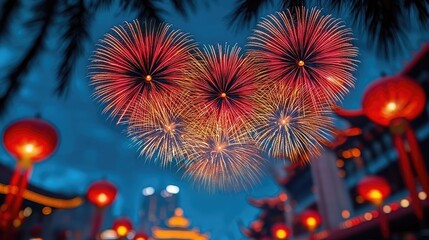 Poster - Chinese new year fireworks concept. Vibrant fireworks illuminate the night sky during a festive celebration in the city.