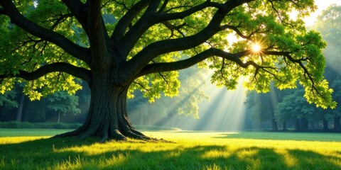 Aufkleber - Majestic Oak Tree Basking in the Golden Sunlight of a Serene Meadow