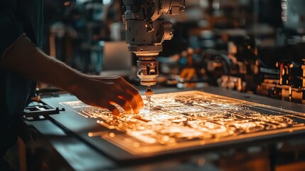 Poster - Robotic arm crafting intricate designs on a standard surface in a high-tech workshop captured in close-up for innovative technology insights