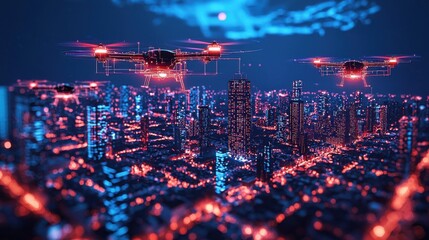 Aufkleber - High-tech drone swarm mapping futuristic cityscape urban environment aerial view technological innovation