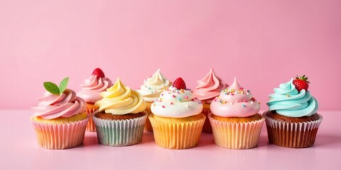 Poster - A delightful assortment of colorful cupcakes with various frostings and toppings arranged on a pink surface