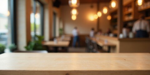 Aufkleber - Empty Light Wood Tabletop in Blurred Cafe Setting