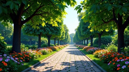 Aufkleber - Sunlit Garden Path with Blossoming Flowerbeds and Lush Green Trees