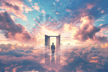 a serene image depicting a man standing at the gates of heaven, gazing thoughtfully at the doors to 