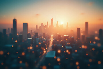 Poster - World environment day concept: Bokeh light and blur modern city skyline sunrise background.