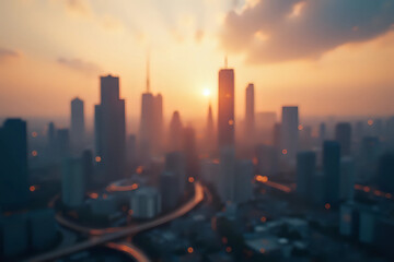 Poster - World environment day concept: Bokeh light and blur modern city skyline sunrise background.