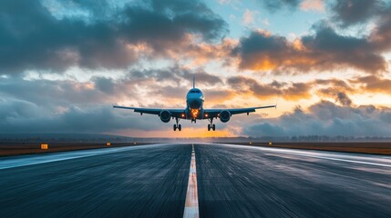 Poster - A shot of a plane ascending over the horizon, with the runway disappearing behind and fluffy clouds ahead.