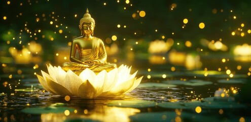 Wall Mural - A golden Buddha statue meditating on top of a lotus flower, sitting in the middle of water with a green background and floating flowers around it