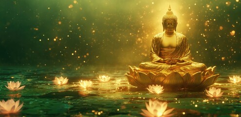 Wall Mural - A golden Buddha statue meditating on top of a lotus flower, sitting in the middle of water with a green background and floating flowers around it