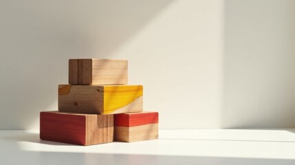 Poster - Stylish Wooden Blocks Arranged in a Pyramid Shape on a White Surface with Sunlight