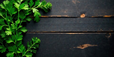 Aufkleber - Fresh Parsley Sprig on Dark Rustic Wooden Surface