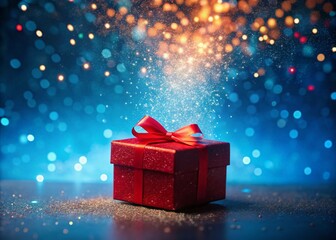 Wall Mural - Miniature Red Gift Box with Glowing Particles on Blue Background - Tilt-Shift Photography