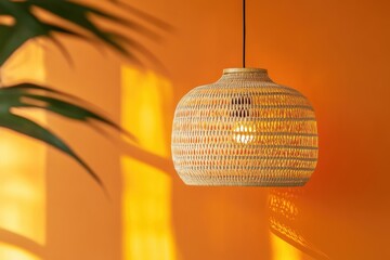 Wall Mural - Wicker pendant lamp illuminates an orange wall