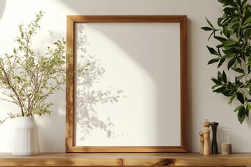 Wall Mural - Wooden Frame Mockup With Plants and Accessories