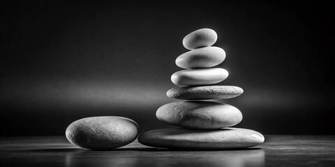 Wall Mural - Minimalist Black and White Balancing Stones High Contrast Photo