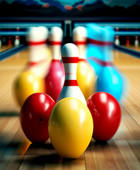 Wall Mural - motion playing field bowling skittles blur strike pin game sport fun concept recreation hobby bowl leisure speed success lane render background competition