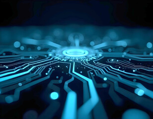 Poster - A futuristic, abstract blue and black geometric pattern with glowing lines and shapes, resembling a high-tech circuit board or digital interface