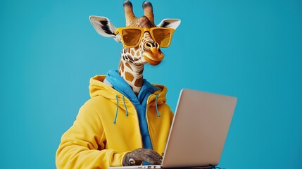 Giraffe in Hoodie Uses Laptop