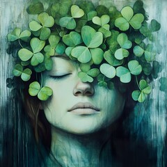 Wall Mural - Serene Woman with Clover Leaves: A Tranquil Portrait