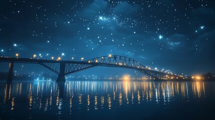 Wall Mural - Night bridge cityscape reflection starry sky.  Travel poster