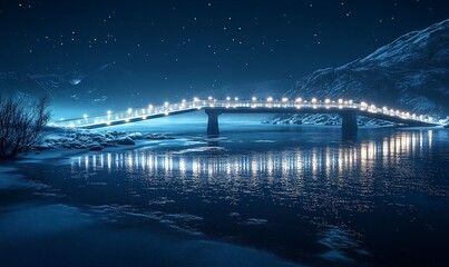 Poster - Night bridge, snowy river, mountains, stars. Winter landscape photo for travel