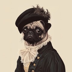 Canvas Print - Pug costumes wearing victorian fashion outfit portrait animal human.