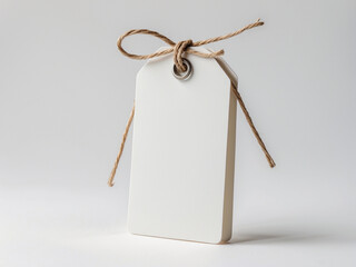 A blank white rectangular tag with rounded corners, featuring a brown twine string threaded through a metal eyelet, perfect for use in product labeling, branding, or price tagging in retail settings.