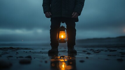 Wall Mural - Person holding lantern on foggy beach at dusk; hope, journey, mystery