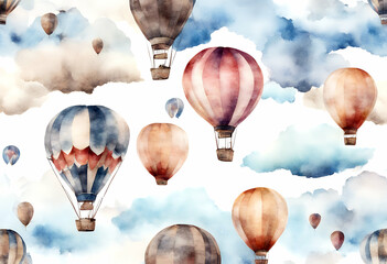 Wall Mural - flags air sky design background painted fabric set balloons white hand hot garland prints illustration watercolor balloon cloud flag adventure airship art basket blue bright carnival cartoon children
